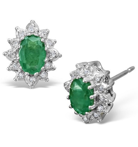 Emerald 6 x 4mm And Diamond Cluster 9K White Gold Earrings